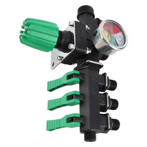 Three Way Sprayer Control Valve For Farm Use with pressure gauge, ergonomic levers, and multiple connectors for efficient spray system.