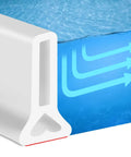 Cross-section of Collapsible 67 Inch Shower Threshold Water Dam Barrier For Wet Dry Separation Keeps Water From Spilling In Curbless Showers And Bathrooms Flexible Cut To Fit Barrier For Kitchen And Bath No Mess Easy Install showing silicone material and water flow direction