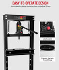 Easy-to-operate 12 Ton hydraulic H-frame shop press with safety valve and jack stabilization feature.