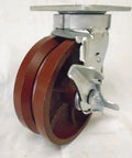 Heavy Hitter 6 Inch Swivel Casters With Secure Top Lock Kingpinless Base V Groove Treads Built Solid Ductile Steel Handles 1500 Lbs side view.