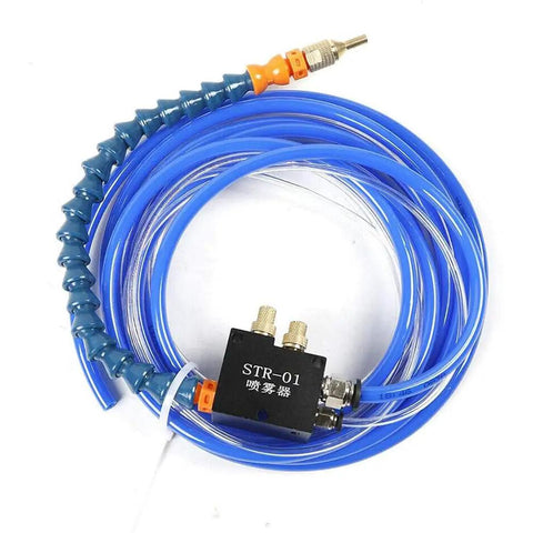 Heavy Duty No Sweat Coolant Spray Pump Kit With Dual Nozzle Lubrication System For Cnc Lathe Milling And Drilling Machines, blue hose and spray fitting.