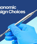 Lecron Wax Carvers 6.5 Inch Set Of 3 Double Ended Dental Lab Tools For Wax Sculpting And Carving, Pro Grade Precision Restorative Dentistry Instruments In Surgical Grade Stainless Steel, Built For Boss Level Contouring And Modeling. Gloved hand holding double-ended stainless steel wax carver