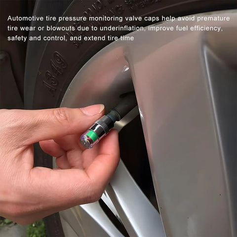 Hand installing 8 Pack Tire Pressure Monitor Valve Stem Caps With 3 Color Eye Alert onto car tire
