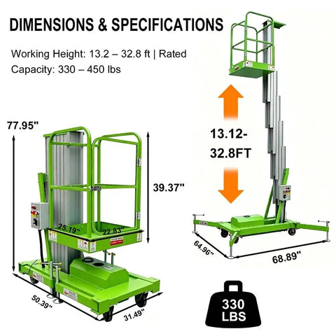 Dimensions and specifications of Rock Solid Electric Hydraulic Man Lift, Lightweight Aluminum Aerial Work Platform, Portable Single Mast Vertical Elevator. 330 lbs capacity, 13.12-32.8 ft reach.