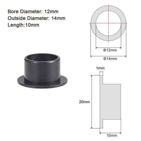 4 Pcs Flanged Sleeve Bearing 12 Mm X 14 Mm X 10 Mm Pom Oilless Bushing in matte black with measurements displayed.