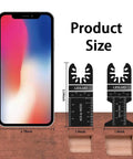 Size comparison of smartphone and two blades from 100 Piece Multitool Blade Kit For Wood Nails And Drywall Cutting Universal Oscillating Saw Blades With Storage Bag