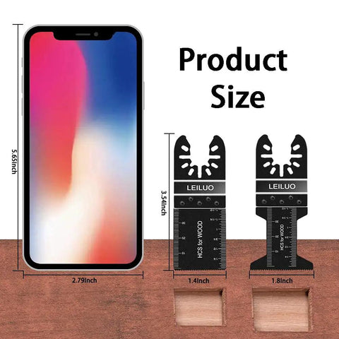 Size comparison of smartphone and two blades from 100 Piece Multitool Blade Kit For Wood Nails And Drywall Cutting Universal Oscillating Saw Blades With Storage Bag