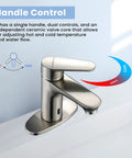Touchless Bathroom Faucet With Dual Sensor, 1 Or 3 Hole Installation, Brushed Nickel Finish, water flow control handle