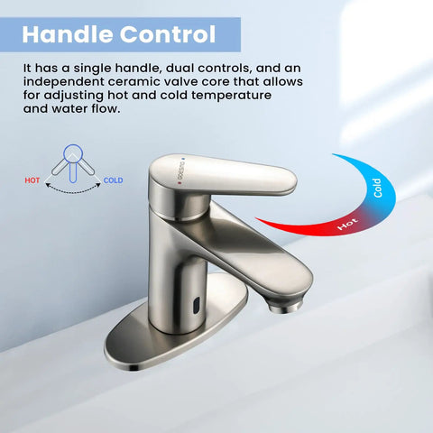 Touchless Bathroom Faucet With Dual Sensor, 1 Or 3 Hole Installation, Brushed Nickel Finish, water flow control handle