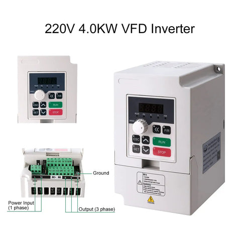 220V 4KW VFD inverter from Plug And Play 4KW 220V CNC Spindle Motor Kit with control panel and wiring connections visible
