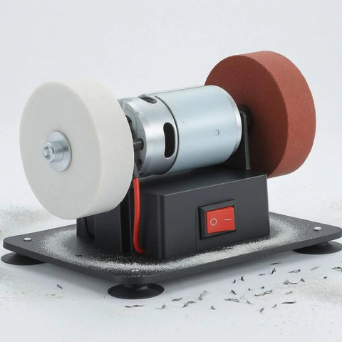 Pro Grade Dual Wheel Electric Bench Grinder with white polishing and red grinding wheels for metal projects.