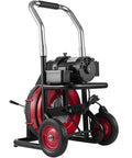 Heavy Duty Electric Sewer Auger And Drain Cleaner Machine Featuring 100 Ft Half Inch Steel Cable And 550W High Torque Motor, portable design with wheels.