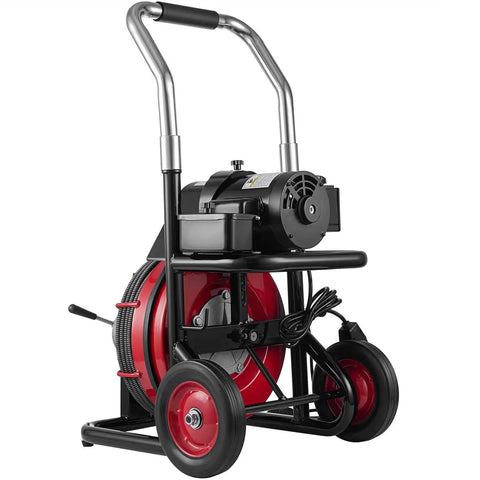 Heavy Duty Electric Sewer Auger And Drain Cleaner Machine Featuring 100 Ft Half Inch Steel Cable And 550W High Torque Motor, portable design with wheels.