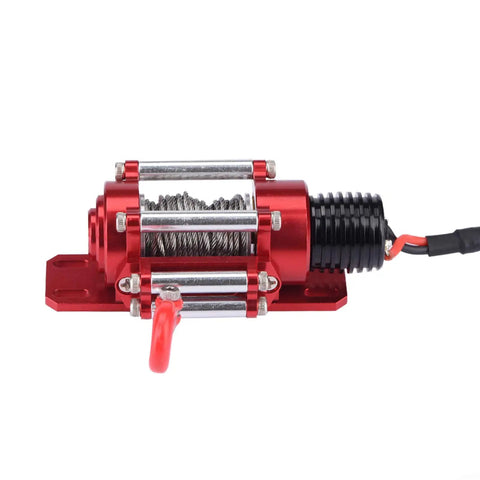 Heavy Duty Electric RC Crawler Winch With Nylon Capstan For SCX10 D90 D110 And TF2 Offroad Rig showcasing a metal winch with cable.