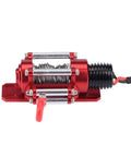 Top Tier 1:10 Rc Crawler Winch Durable Electric Metal Gear Hoist For Scx10 D90 showing red metal housing and steel cable.