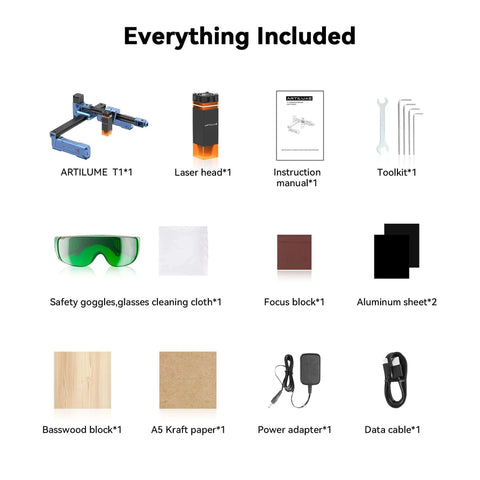 Artilume T1 laser engraver kit: blue frame, laser head, manual, toolkit, goggles, sheets, power adapter, data cable.