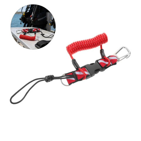 Coiled Diving Lanyard With Quick Release Buckle For Underwater Camera And Flashlight Securement, Red Scuba Webbing Strap, Steel Spring Tether