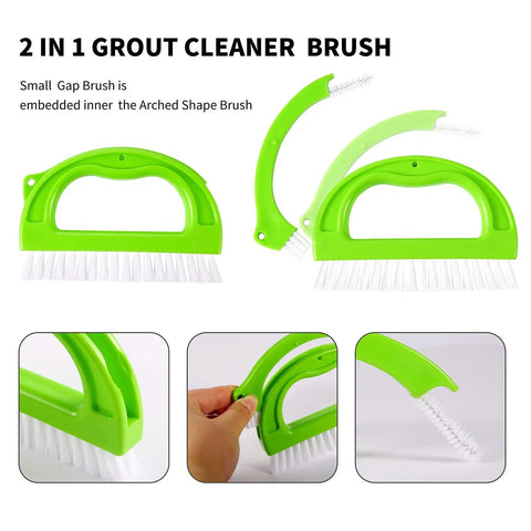 Six Piece Green Grout Cleaner Brush Set With Handle For Deep Cleaning Gaps featuring arched design and stiff bristles