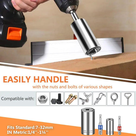 Universal Socket Set 7-19mm And 11-32mm connected to a drill, used on a wooden board, showing compatibility with various fasteners.