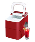 Portable Countertop Ice Maker Machine That Makes Fresh Cubes Real Quick Without Any Hassle Featuring Self Cleaning System And Spacious Bin, red design with ice and drink.