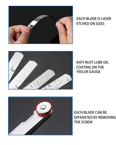 32-blade stainless steel feeler gauge set with metric/SAE markings; laser-etched, oil-coated blades and removable screw.