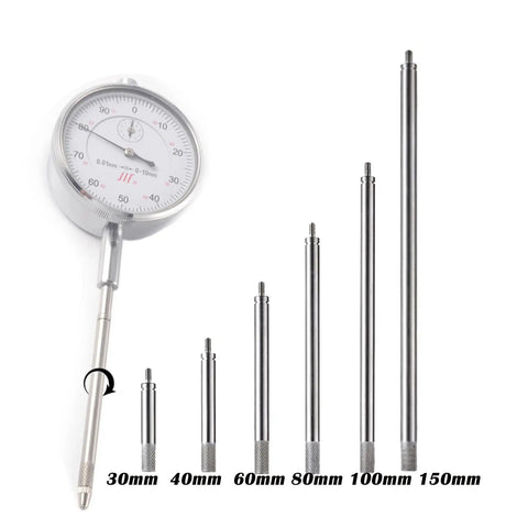 Pro Grade 6 Piece Dial Indicator Extension Stem Set in varying lengths, shown with a dial indicator for precision alignment.