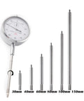 6 Piece Dial Indicator Extension Stem Rod Set With 30 To 150mm Extend Length, M2.5 Thread, 5mm Diameter, Electrical Digital Indicator Extension Tools For Precision Measuring And Calibration displayed with dial gauge and rods