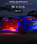 Smart RGBIC Interior Car Lights With App And Remote Two Line Design 72 LEDs illuminating a car's interior with vibrant colors.