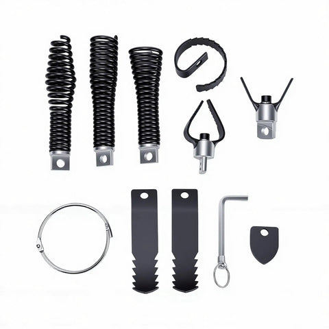 Heavy Duty Drain Snake Attachment Kit For Electric Drain Cleaners Nine Piece components with metal and spring materials for clog removal