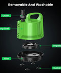 Exploded view of green Beast Pool Cover Pump For Above Ground Pools Submersible 1/6 HP Up To 950 GPH 16.4 Ft Lift 10 Ft Hose