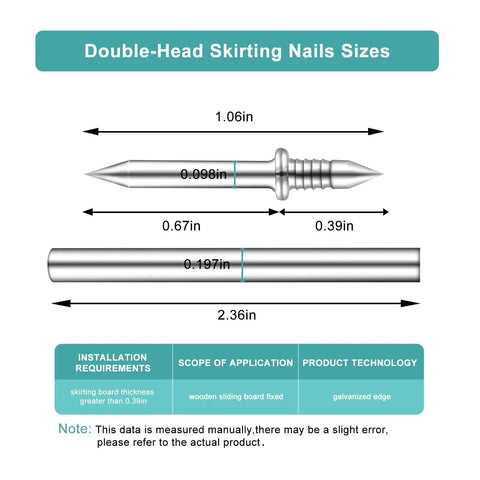 Double Headed Skirting Nails Sizes with dimensions 0.098in diameter and 0.67+0.39in length, galvanized steel for secure installation.