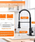 Diagram of Pro Grade Pull Down Kitchen Faucet With Sprayer, Commercial Spring, Black Finish, showing dimensions and installation options.
