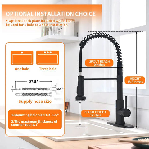 Diagram of Pro Grade Pull Down Kitchen Faucet With Sprayer, Commercial Spring, Black Finish, showing dimensions and installation options.