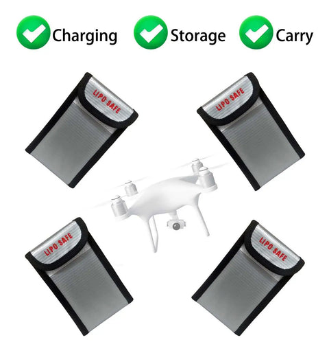 4 Pack LiPo Battery Safe Bag Fireproof Storage Pouch for RC Batteries, featuring pouches and a drone.