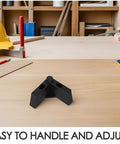 Rock Solid L Shaped Furniture Legs With M5 Mounting Screws for Sofa Cabinet and Tables on a wooden surface with tools.