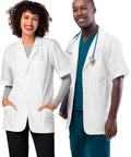 Mens Short Sleeve Lab Coat White 31 Inch Consultation Jacket With Chest Pocket And Angled Pockets Unisex Medical Scrub Top For Docs And Nurses Reinforced Seams Built To Last, worn by professionals.