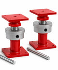 Badass Two Piece Adjustable Screw Jack Post Set For Foundation Leveling with heavy duty red brackets and wrenches visible.