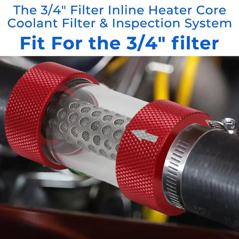 Close-up of 3/4 Inch Universal Inline Coolant Filter For Heater Core Red with metallic mesh cartridge in engine setup.