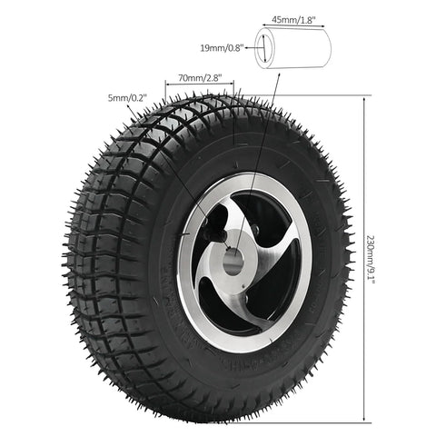 Front view of a wheel with a 230 mm knobby tire on a silver alloy rim.