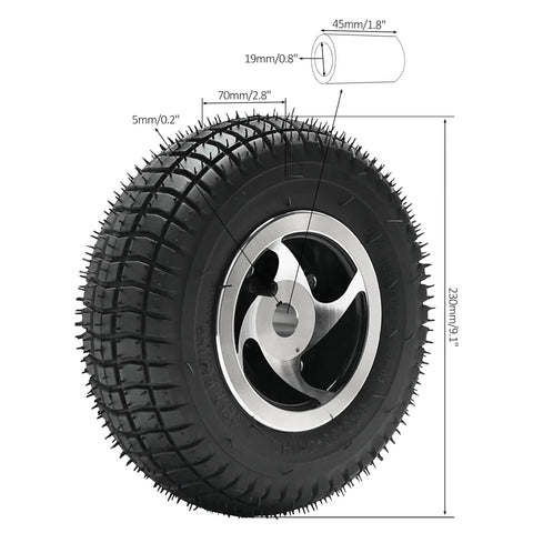 Close-up of 9x3.50-4 pneumatic wheel from Beefy 24V 350W Brushed Transaxle Motor Kit With Differential, showing dimensions.