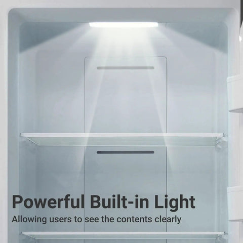 Huge 21 Cube Upright Freezer No Sweat Frost Free Top Tier stainless housing interior showcasing powerful built-in light for visibility.