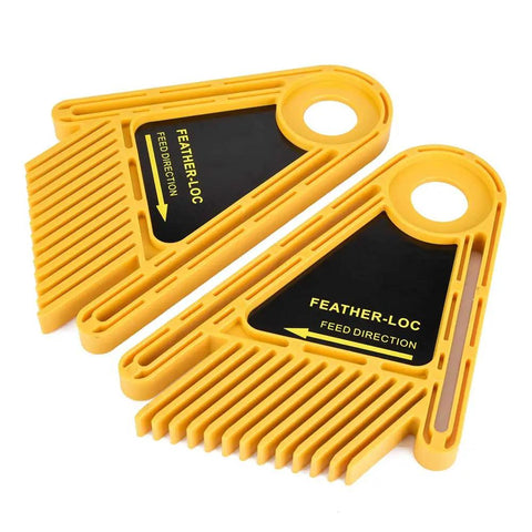 Heavy Duty Table Saw Featherboard Keeps Boards Locked Tight Without The Sweat Features A Smart Plastic Frame And Dual Slide Block Design For Safe Crosscuts And Rip Passes Around Your Daily Woodshop - two yellow featherboard clamps with directional arrows.