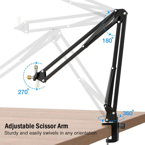 Heavy Duty Microphone Arm Stand With Suspension Boom, Anti Scratch Desk Clamp Up To 2 Inches, showing adjustable angles