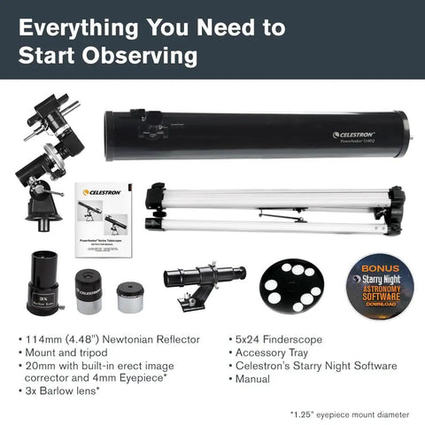 PowerSeeker 114EQ Telescope For Beginners With Manual German Equatorial Mount Portable 114mm Aperture Ideal For Moon Planets And Deep Sky Viewing Plus Bonus Astronomy Software Package components