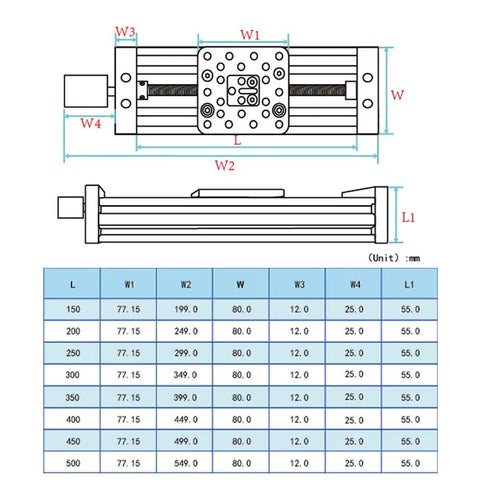 Diagram of dimensions for 300mm 4080U Screw Slide Table Linear Actuator Kit for 3D Printers and CNC Routers.