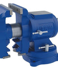 Heavy Duty Multi Purpose Bench Vise With Rotating Pipe Jaws And Swivel Base 360 Rotation Built In Anvil, blue cast iron frame, 5 inch jaw.