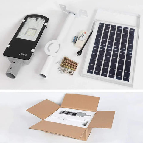 JUDYSSY 30W Solar Street Light, 1800 Lumens High Brightness Led Flood Lights, accessories and packaging displayed.