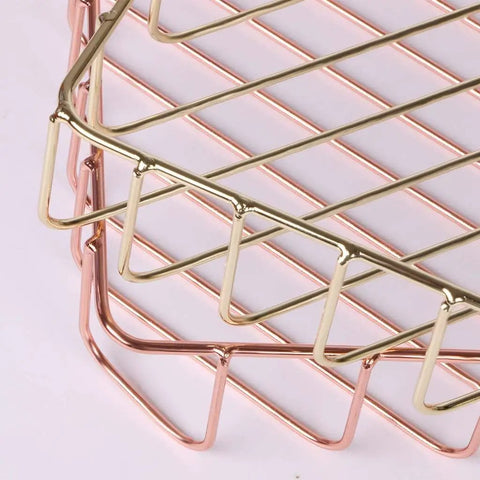 Close-up of gold metal letter tray file holder detail, part of the Gold Desk Paper Organizer Tray With Big Capacity For Letters, Mail, Files And Magazines Metal Letter Tray File Holder For Office Or Classroom Desktop 12.5 X 9.4 X 1.9 Inches.