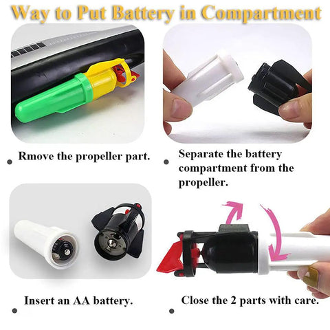 Instructions for inserting battery in Electric Submarine Bath Toy For Kids, showing propeller and battery compartment