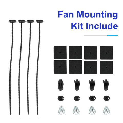 Fan mounting kit components for Straight Shot Universal 16 Inch Black Slim Radiator Cooling Fan 12V 100W Push Pull Setup.